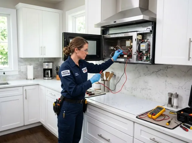 Appliance Repair Hero technician testing an over-the-range microwave in a Anoka, MN kitchen